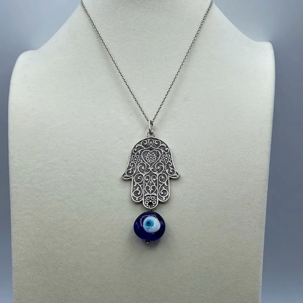 Lucky Hamsa and evil eye pendant necklace 18” boho festival